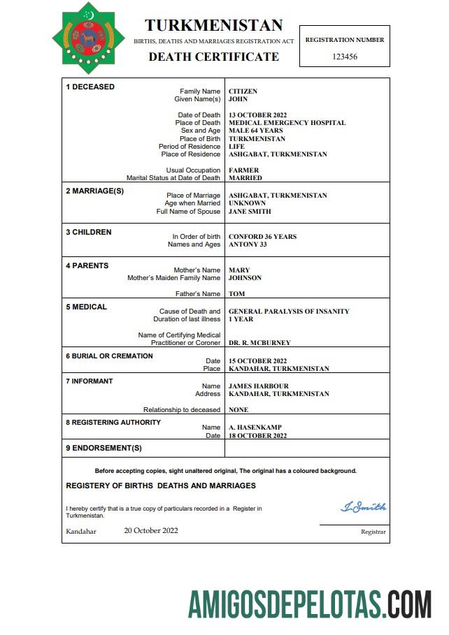 Em branco modelo Word e PDF de certidão de óbito do Turcomenistão